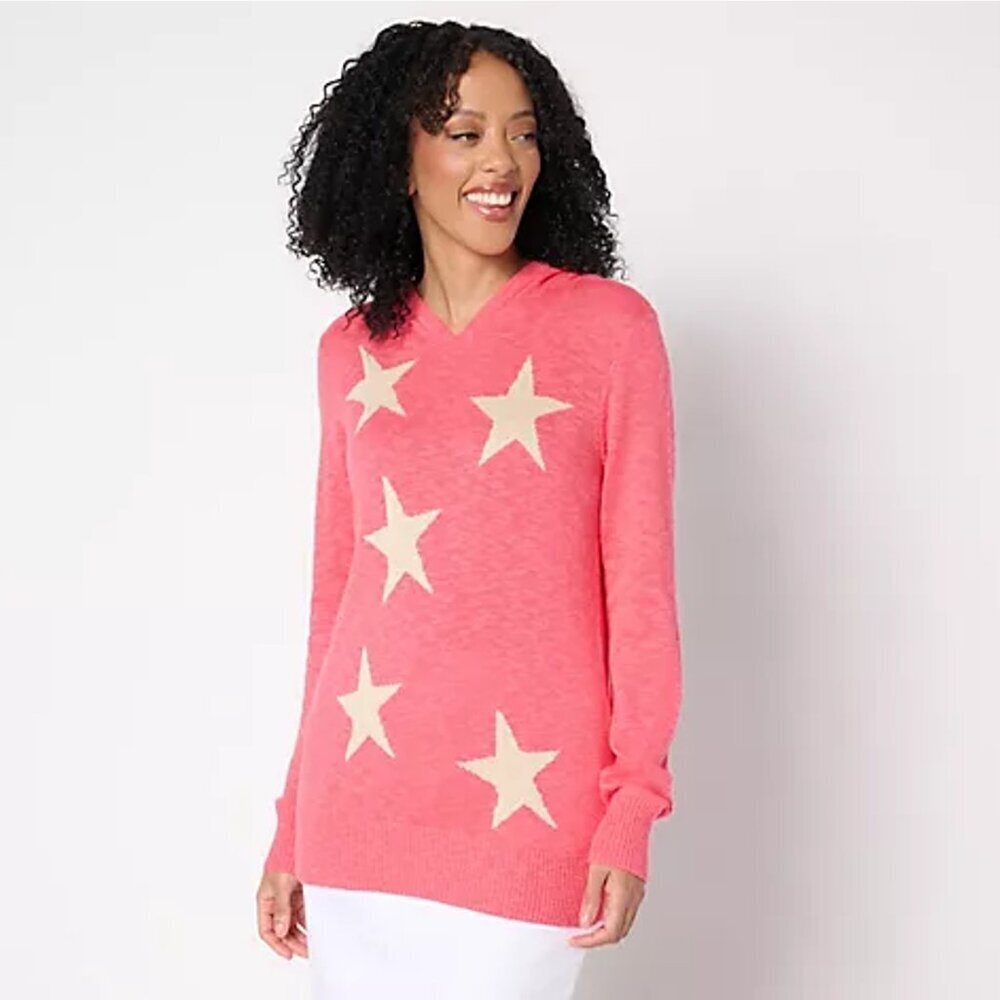 New Belle by Kim Gravel Summer Stars Slub Coral Sweater Hoodie A688042 Size S